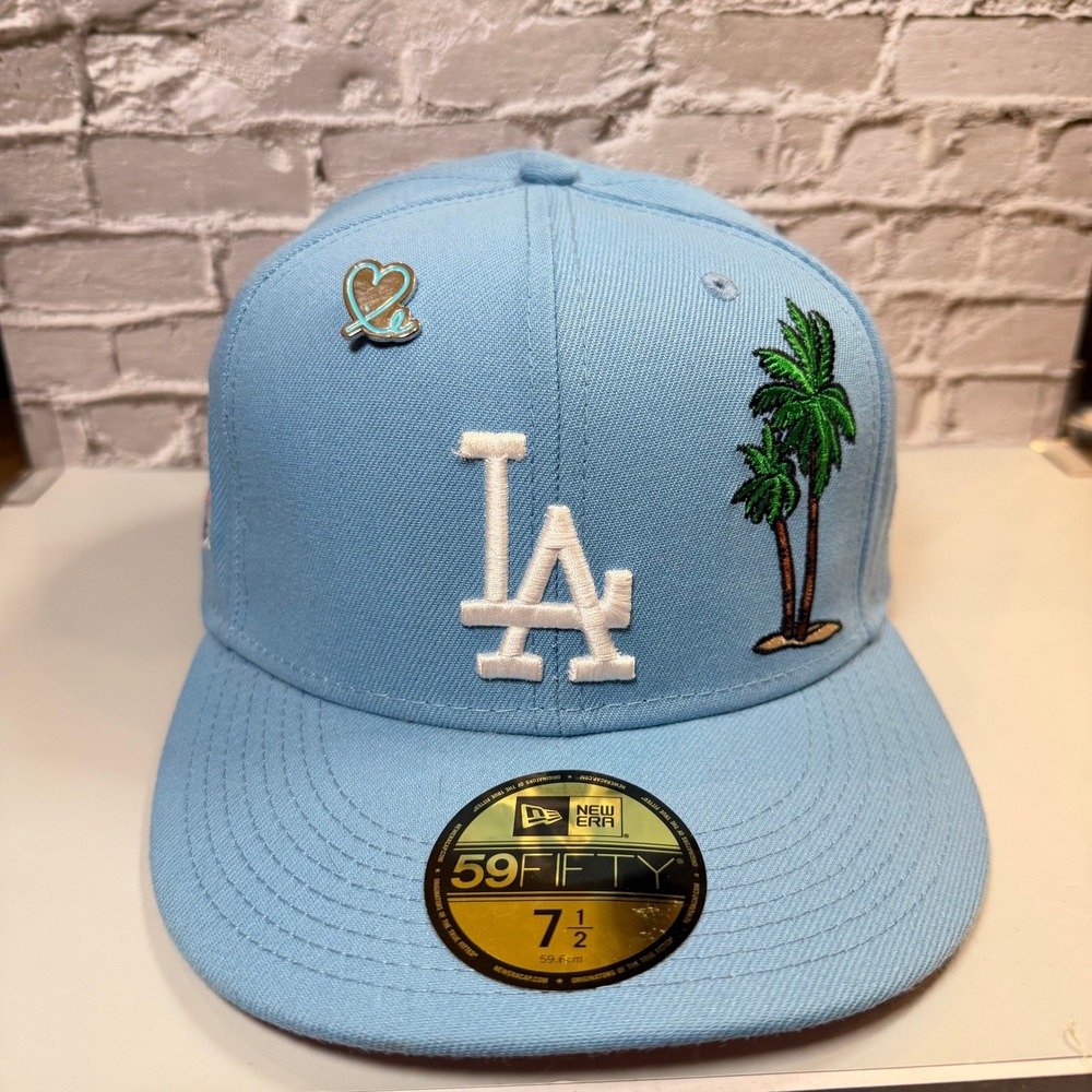 New Era 59FIFTY LA Dodgers Fitted Hat 7 1/2 Light Blue Palm Tree 60th Patch